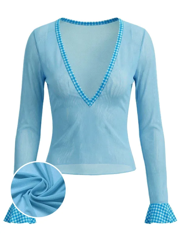 [Pre-Sale] Blue 1950s Checkered Mesh V-Neck Long Sleeve Cover Up made by Retro Stage