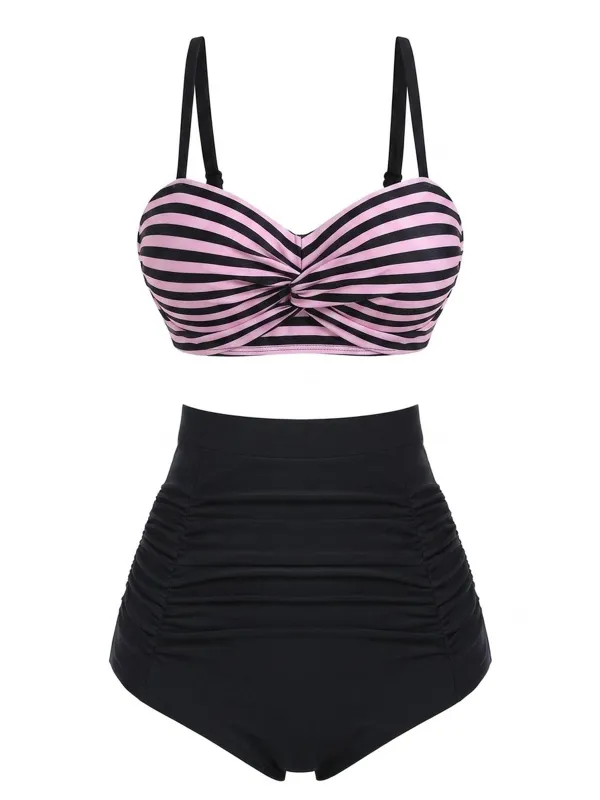 [Pre-Sale] Pink 1950s Stripe Spaghetti Strap Bikini Set made by Retro Stage