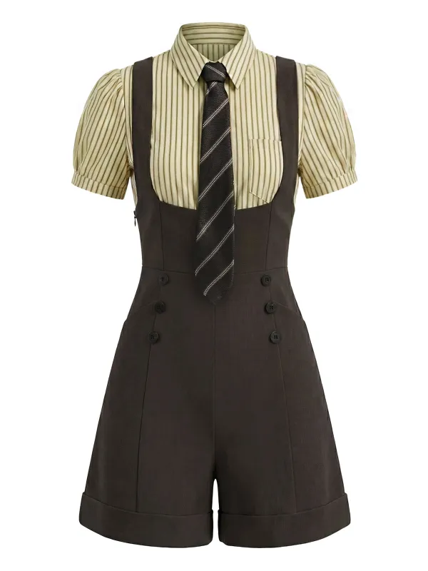 [Pre-Sale] 2PCS Khaki 1940s Striped Blouse & Suspender Shorts made by Retro Stage