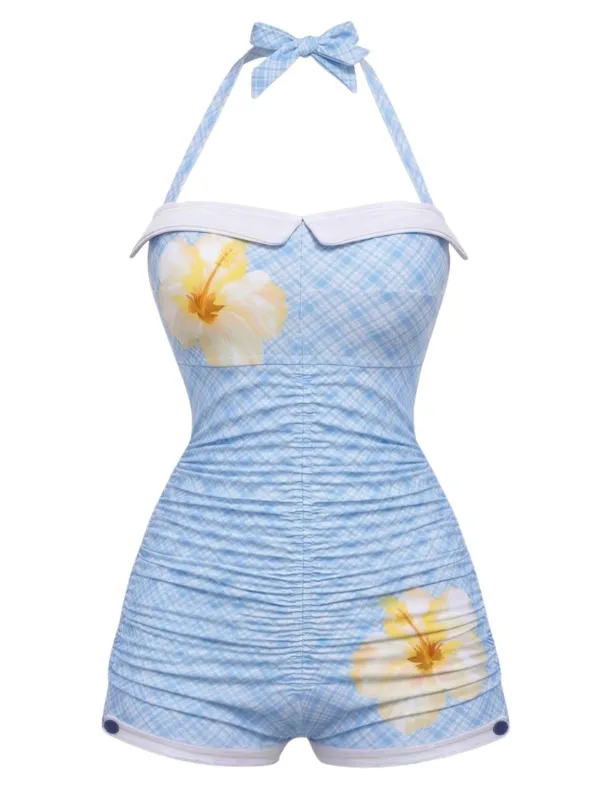 [Pre-Sale] Sky Blue 1950s Floral Halter Bowknot One-piece Swimsuit made by Retro Stage