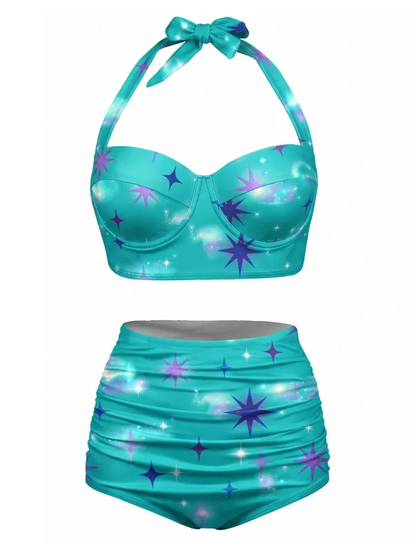 [Pre-Sale] Turquoise 1950s Glitter Lace-Up Halter Swimsuit made by Retro Stage
