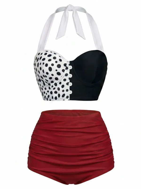 [Pre-Sale] Red 1950s Cruella Lace-Up Halter Swimsuit made by Retro Stage
