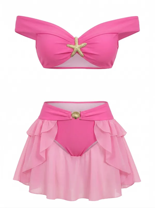 [Pre-Sale] Rose Red 1970s Jasmine Princess Off-Shoulder Ruffled Bikini Set made by Retro Stage