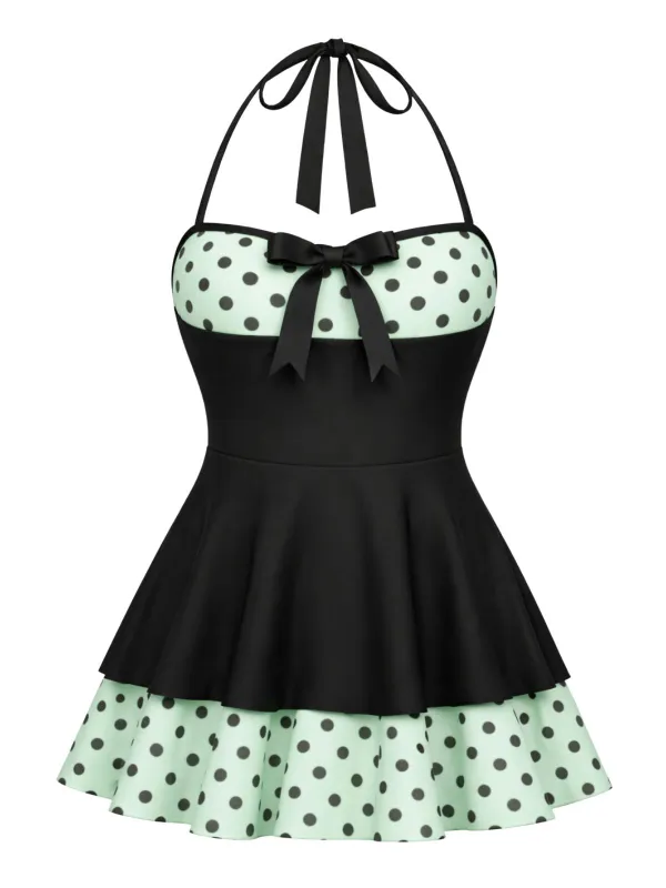 [Pre-Sale] Black 1940s Polka Dots Patchwork Halter Swimdress made by Retro Stage