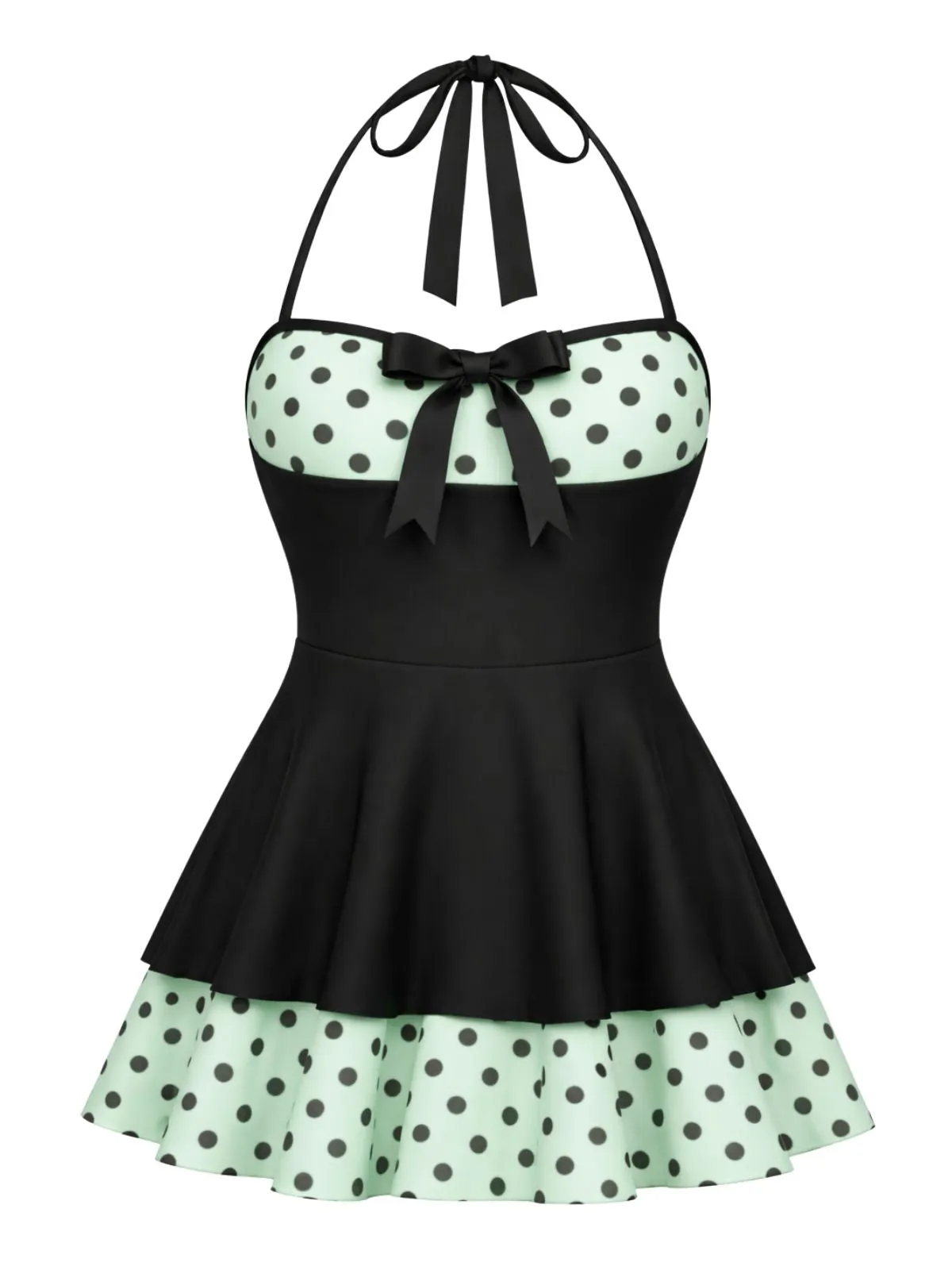 Black 1940s Polka Dots Patchwork Halter Swimdress sold by Retro Stage