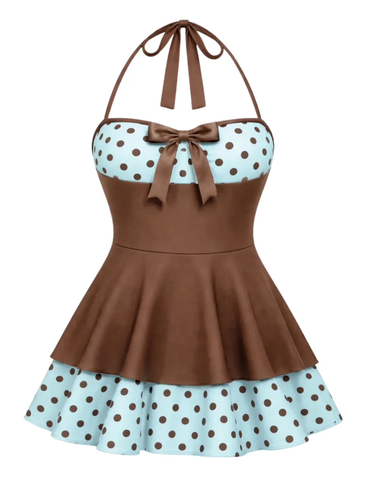 Black 1940s Polka Dots Patchwork Halter Swimdress sold by Retro Stage product image thumbnail 2