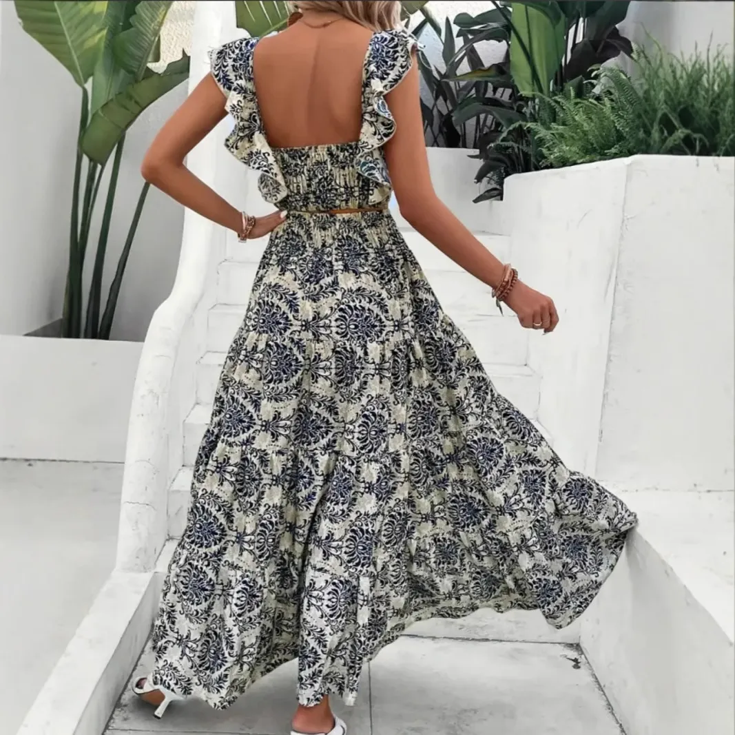 2PCS 1970s Square-Neck Floral Flutter Sleeve Top & Maxi Skirt sold by Retro Stage product image thumbnail 5