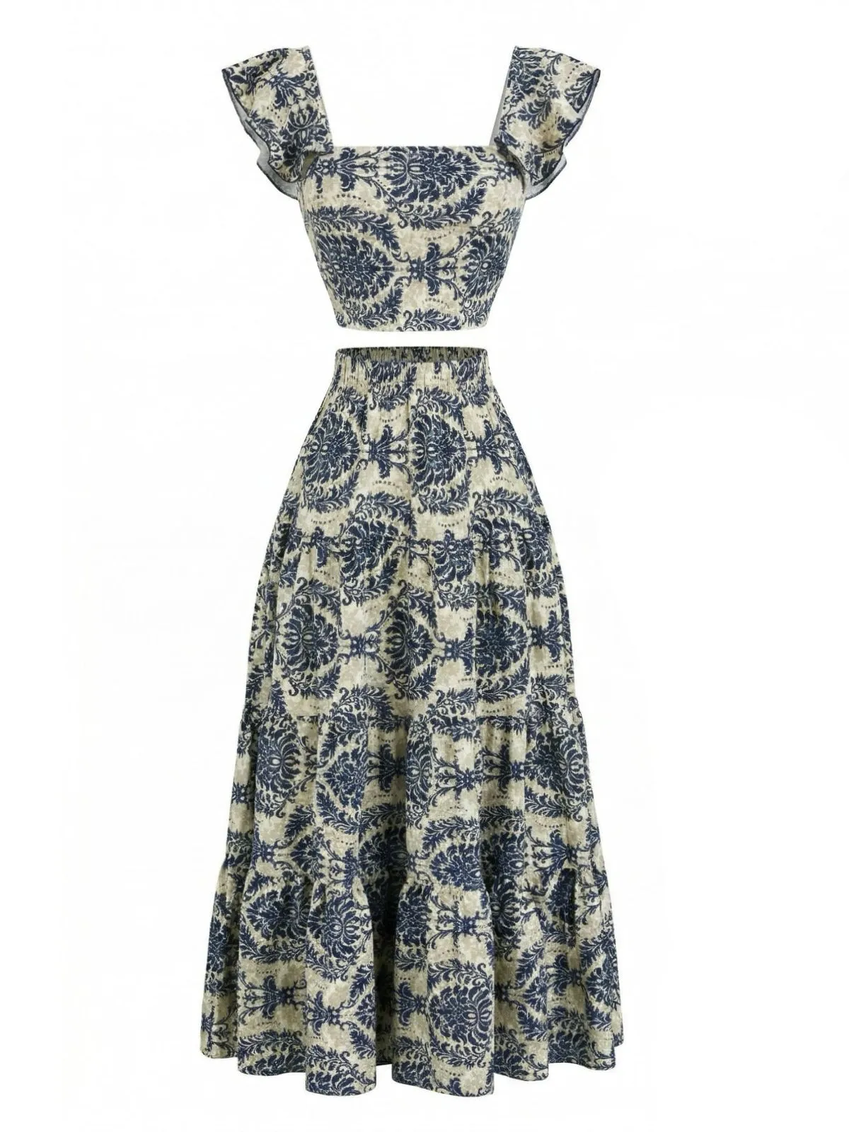 2PCS 1970s Square-Neck Floral Flutter Sleeve Top & Maxi Skirt sold by Retro Stage product image thumbnail 2