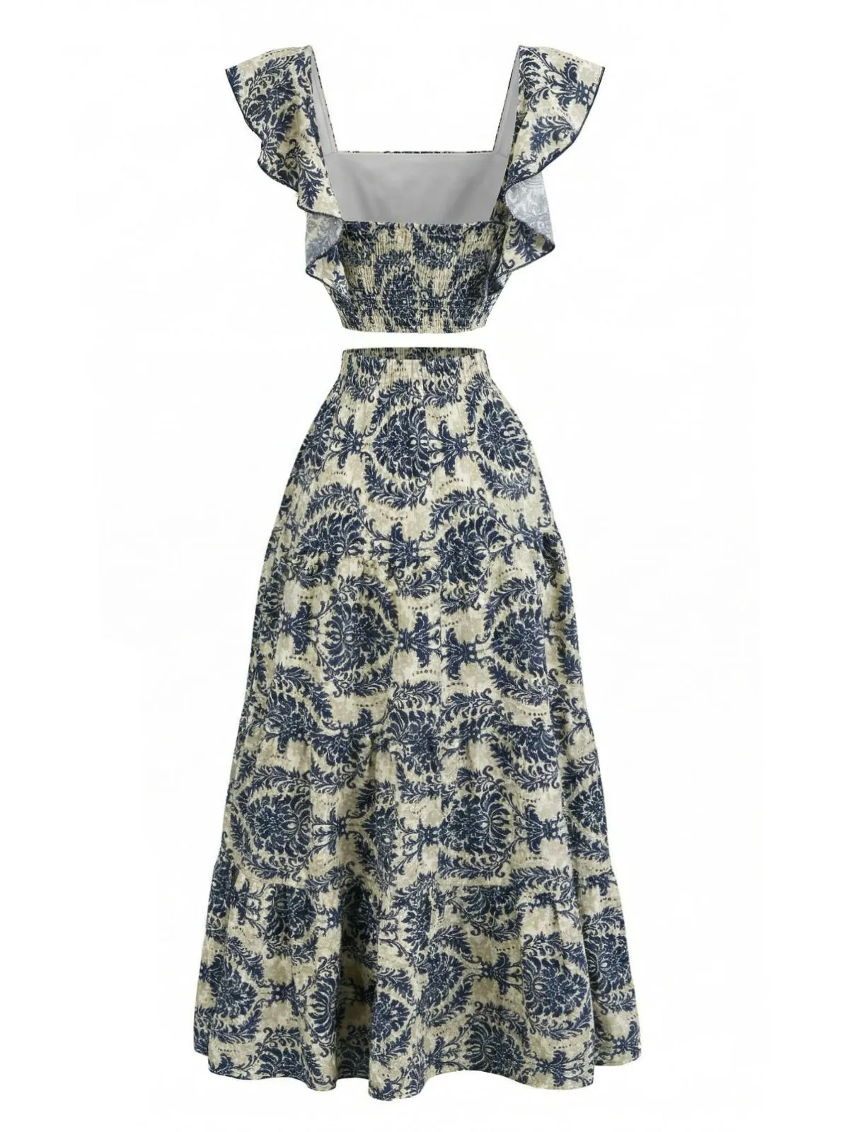 2PCS 1970s Square-Neck Floral Flutter Sleeve Top & Maxi Skirt sold by Retro Stage product image thumbnail 3