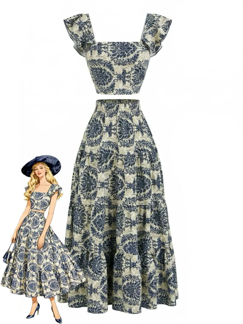 2PCS 1970s Square-Neck Floral Flutter Sleeve Top & Maxi Skirt sold by Retro Stage