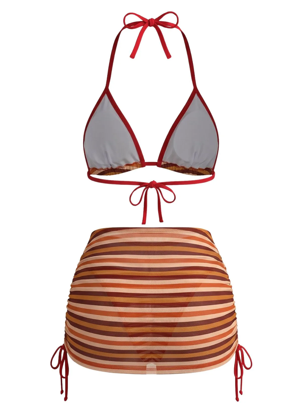 3PCS Brown 1960s Stripe Halter Bikini Set & Ruched Skirt sold by Retro Stage product image thumbnail 3