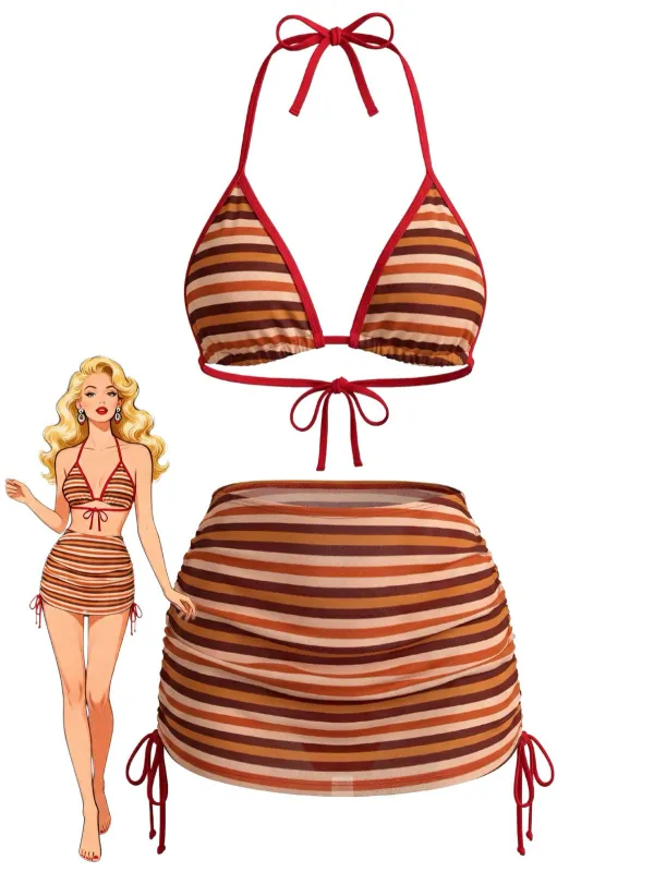3PCS Brown 1960s Stripe Halter Bikini Set & Ruched Skirt made by Retro Stage