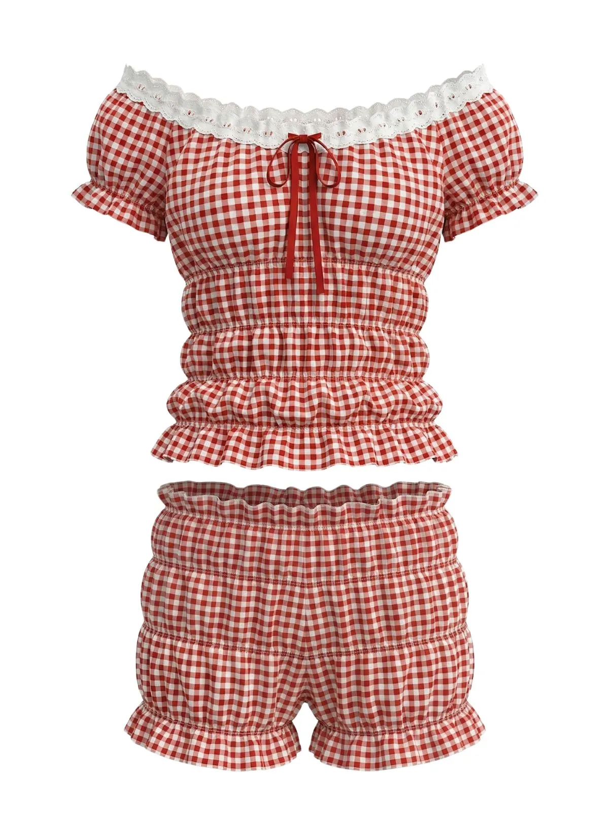 Red Y2K Gingham Off-Shoulder Smocked Top & Shorts Set sold by Retro Stage product image thumbnail 2