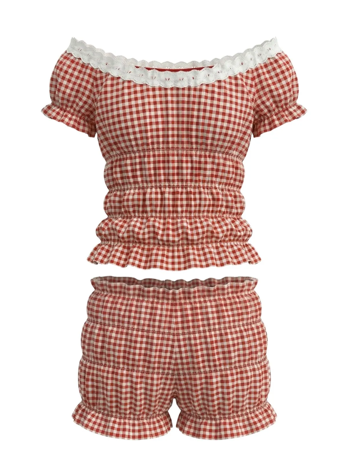 Red Y2K Gingham Off-Shoulder Smocked Top & Shorts Set sold by Retro Stage product image thumbnail 3