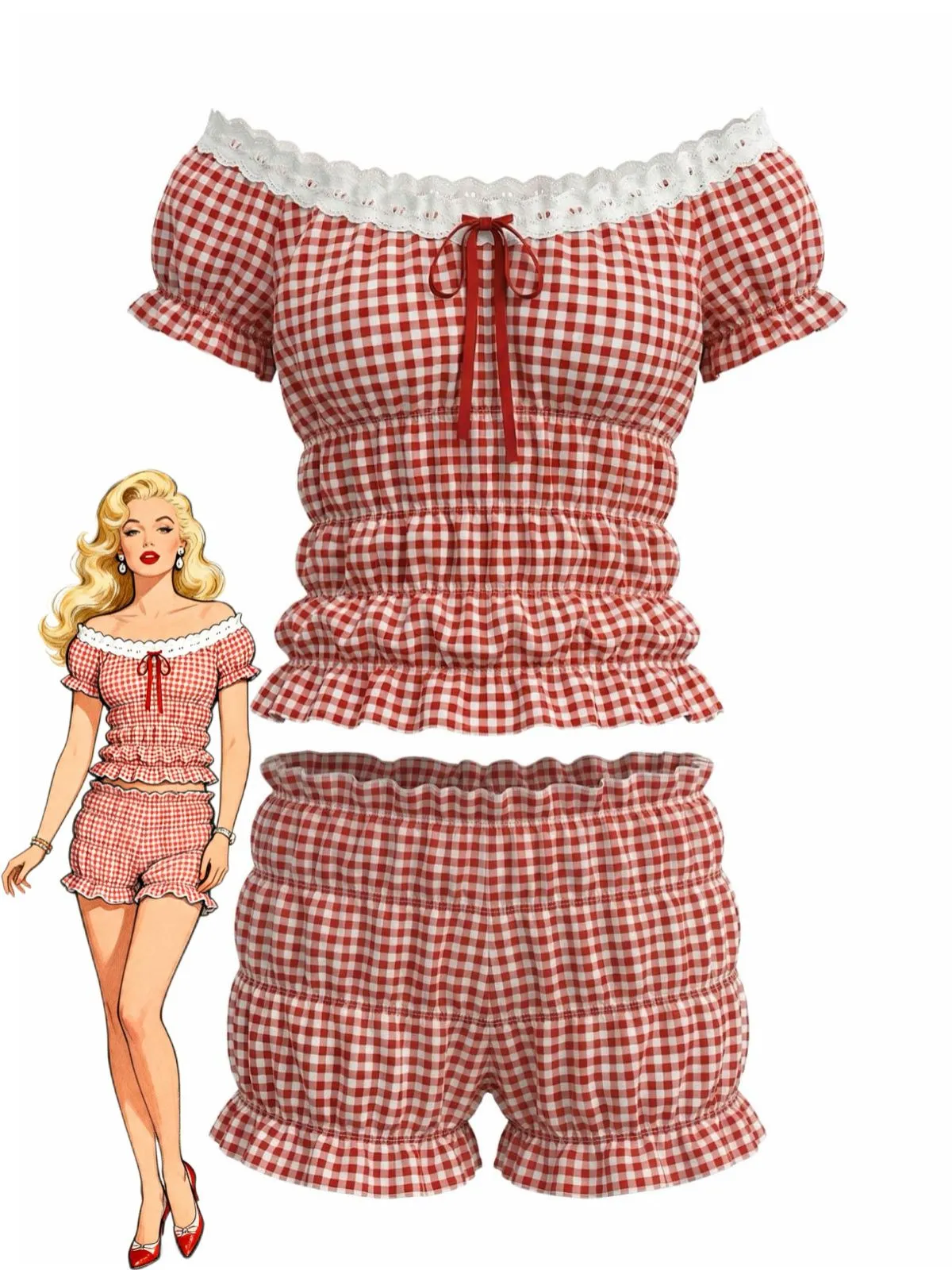 Red Y2K Gingham Off-Shoulder Smocked Top & Shorts Set sold by Retro Stage