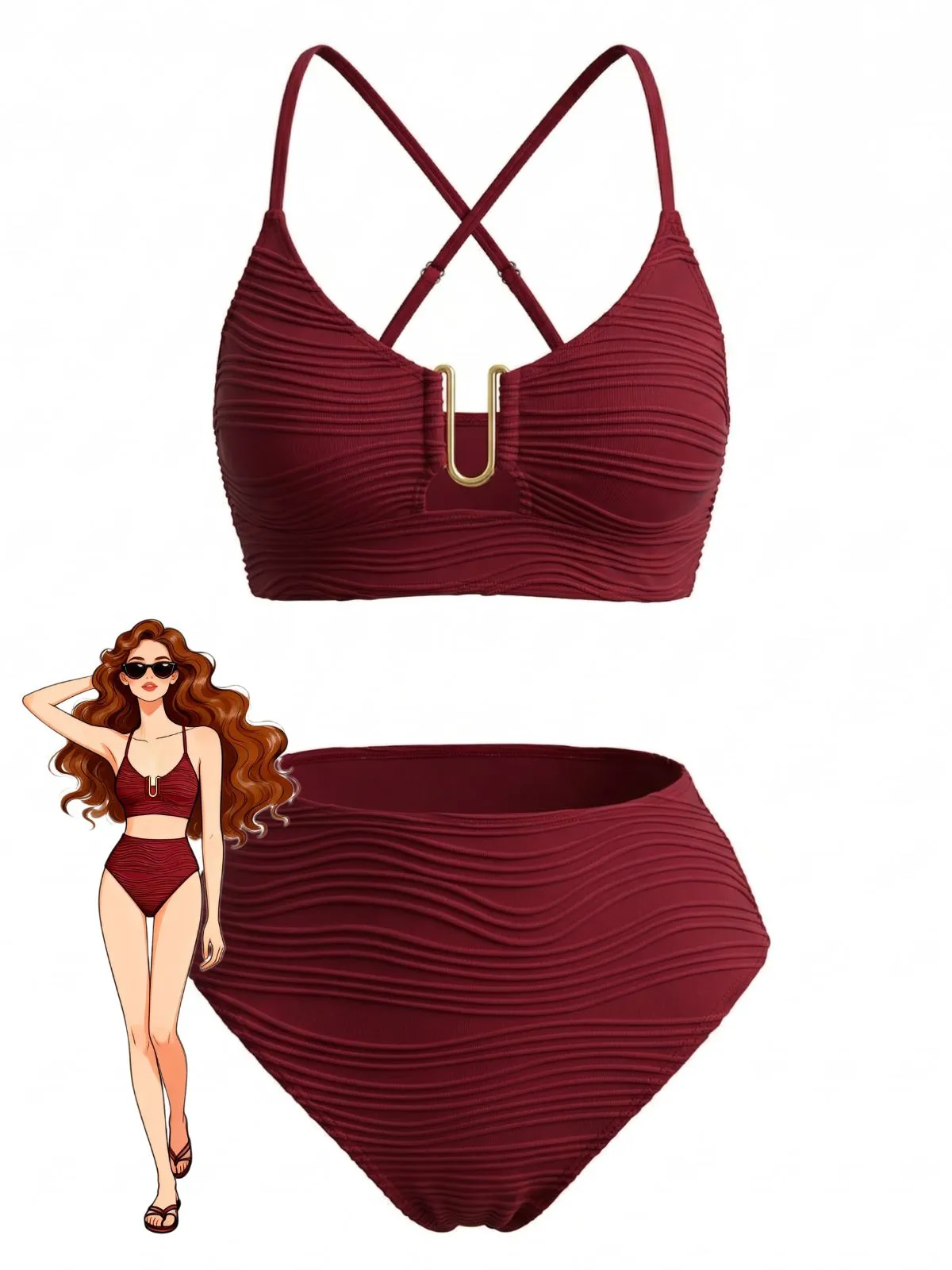 1950s U-Shaped Metal Solid High Waist Tankini Set sold by Retro Stage