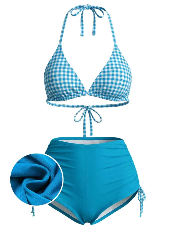 [Pre-Sale] Blue 1950s Gingham Halter High Waist Bikini Set made by Retro Stage