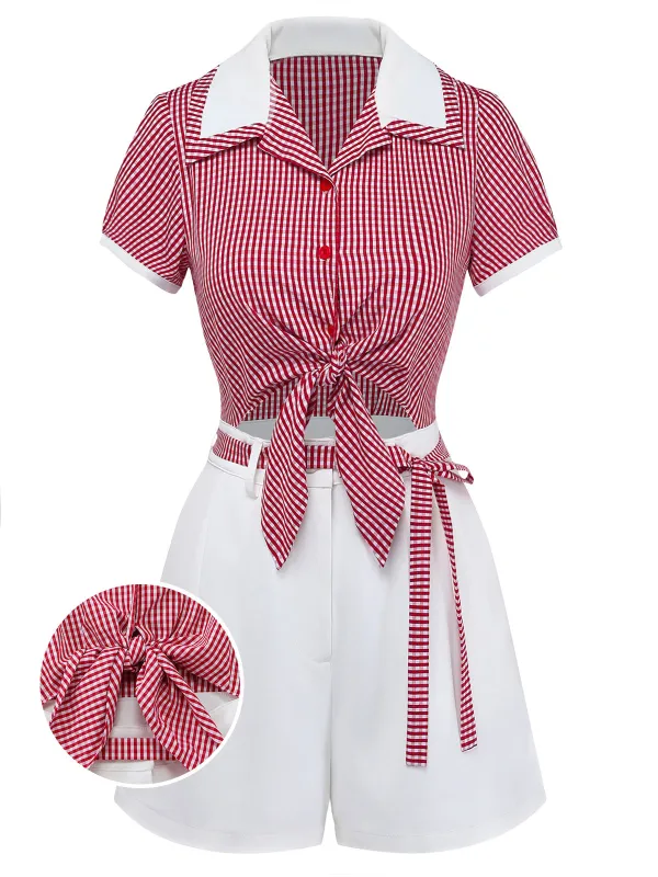 [Pre-Sale] Red 1950s Plaid Faux 2PCS Belted Romper made by Retro Stage