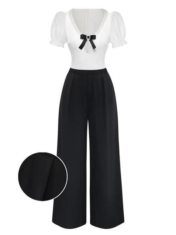 [Pre-Sale] Black & White 1950s Bow Puff-Sleeve Jumpsuit made by Retro Stage
