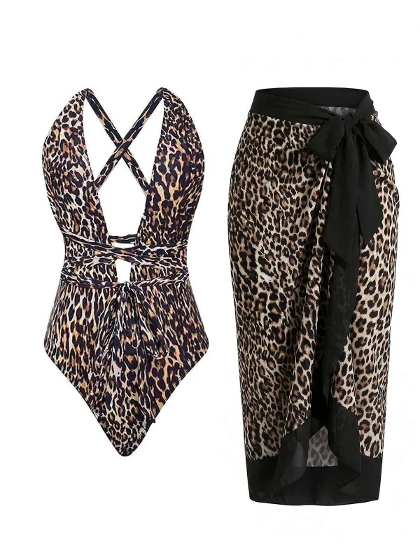 1930s Deep V-Neck Criss-Cross Halter Leopard Swimsuit & Cover-up made by Retro Stage