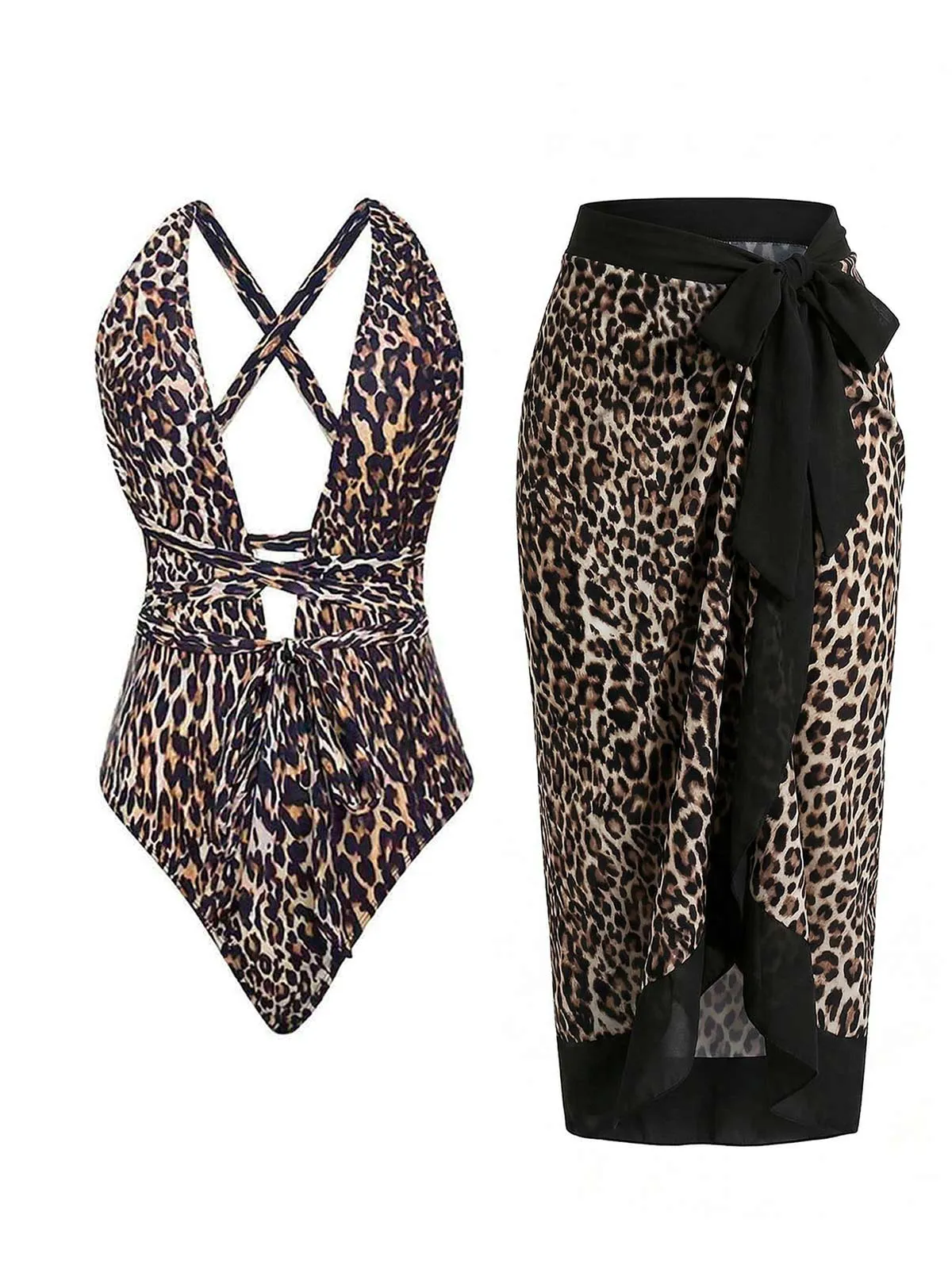 1930s Deep V-Neck Criss-Cross Halter Leopard Swimsuit & Cover-up sold by Retro Stage