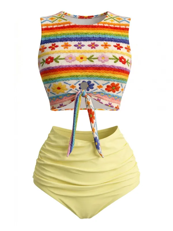[Pre-Sale] Light Yellow 1960s Rainbow Floral Faux Knit Bikini Set made by Retro Stage