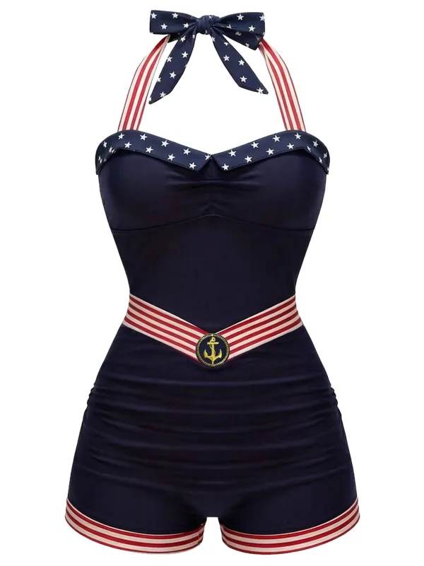 [Pre-Sale] Navy Blue 1940s Halter Star & Stripe & Anchor Patchwork Swimsuit made by Retro Stage