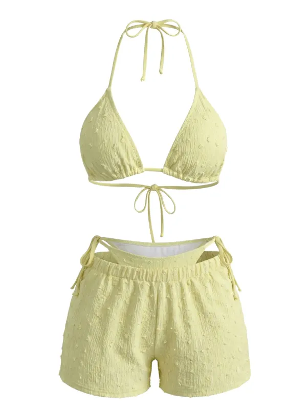 3PCS Yellow 1950s Textured Halter Bikini Set & Shorts made by Retro Stage
