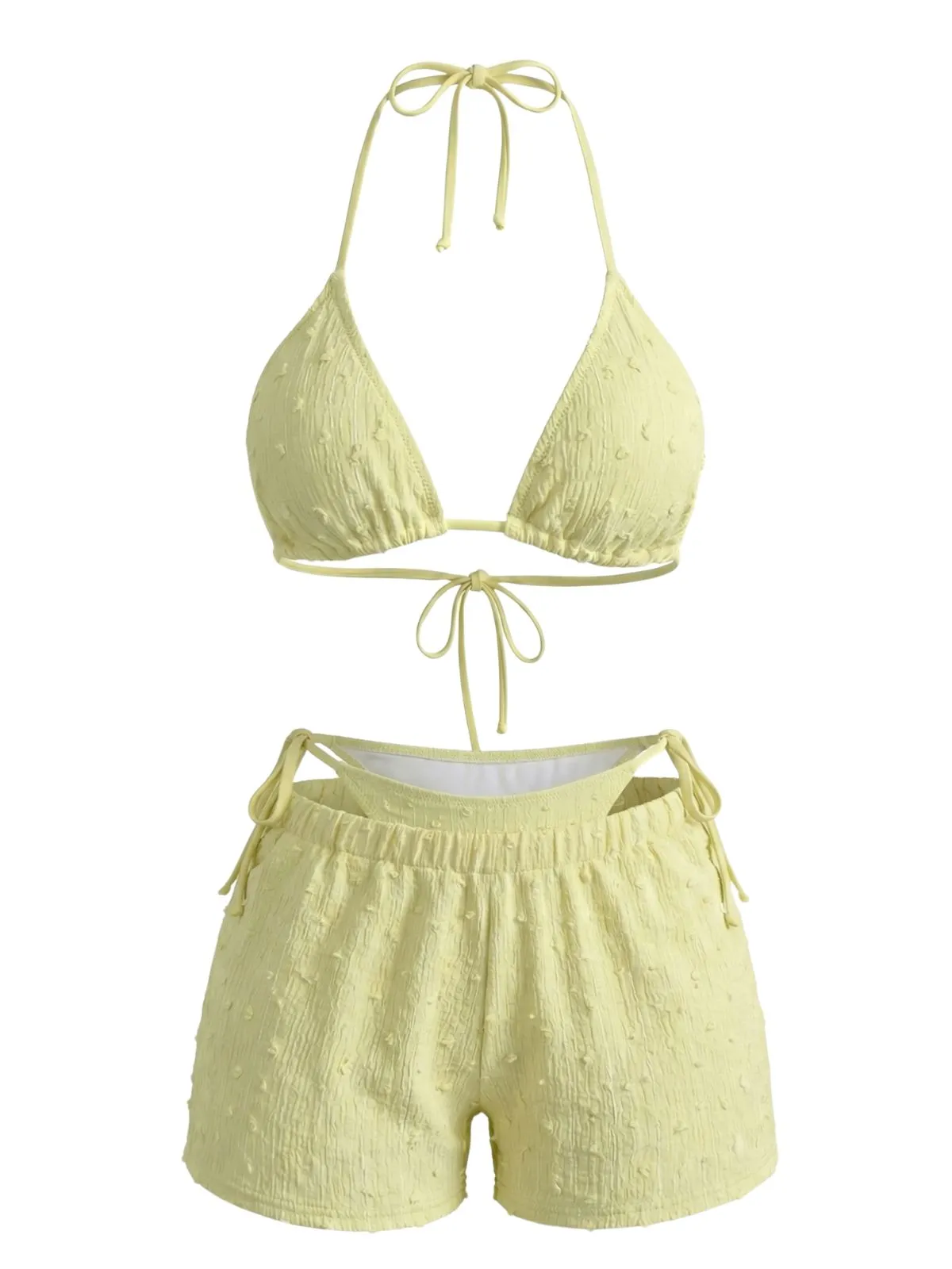 3PCS Yellow 1950s Textured Halter Bikini Set & Shorts sold by Retro Stage