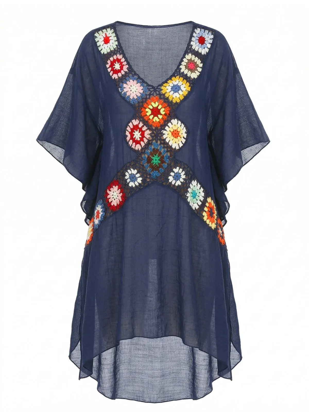 Navy Blue 1970s Boho Crochet Granny Square Cover-up sold by Retro Stage