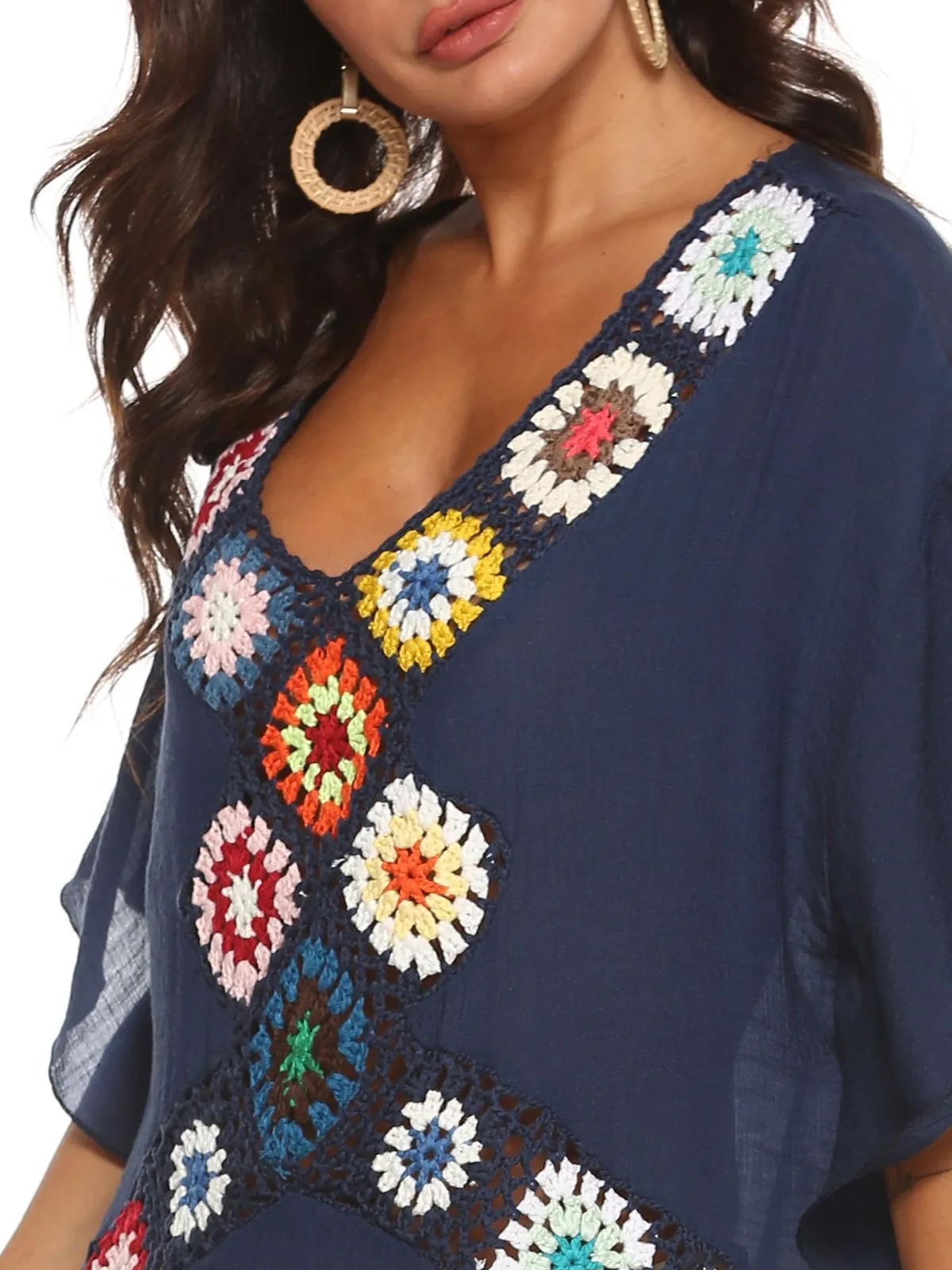 Navy Blue 1970s Boho Crochet Granny Square Cover-up sold by Retro Stage product image thumbnail 3