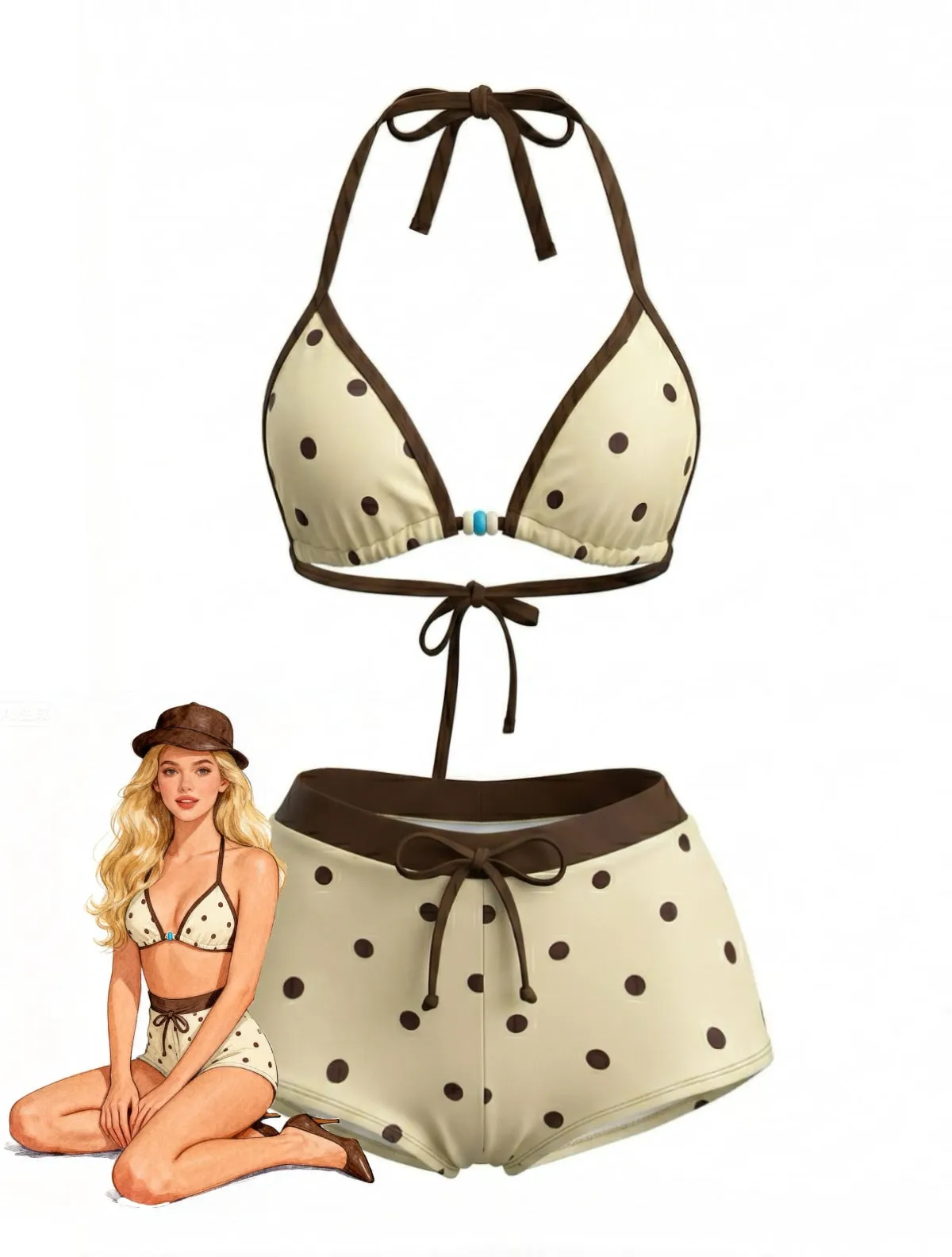 Cream Yellow 1980s Polka Dot Halter Bikini Set sold by Retro Stage