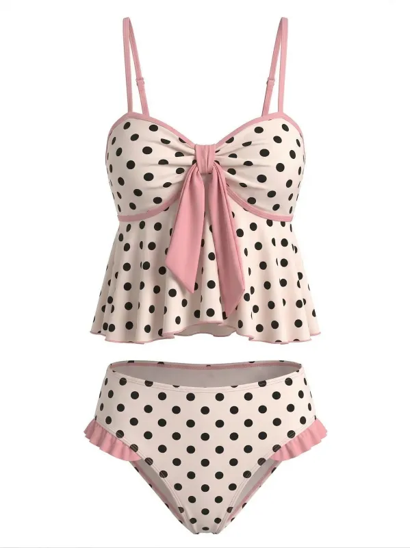[Pre-Sale] Pink 1950s Polka Dot Bow Ruffle Tankini Set made by Retro Stage