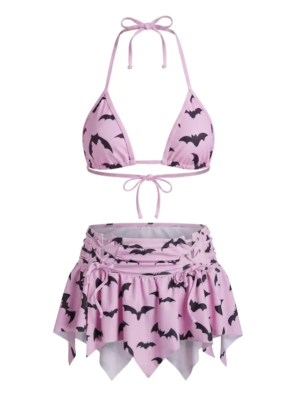 [Pre-Sale] Pink 1980s Gothic Bat Print Halter Skater Bikini Set made by Retro Stage
