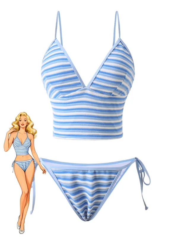 Blue & White 1940s Striped Side Tie Tankini Set made by Retro Stage