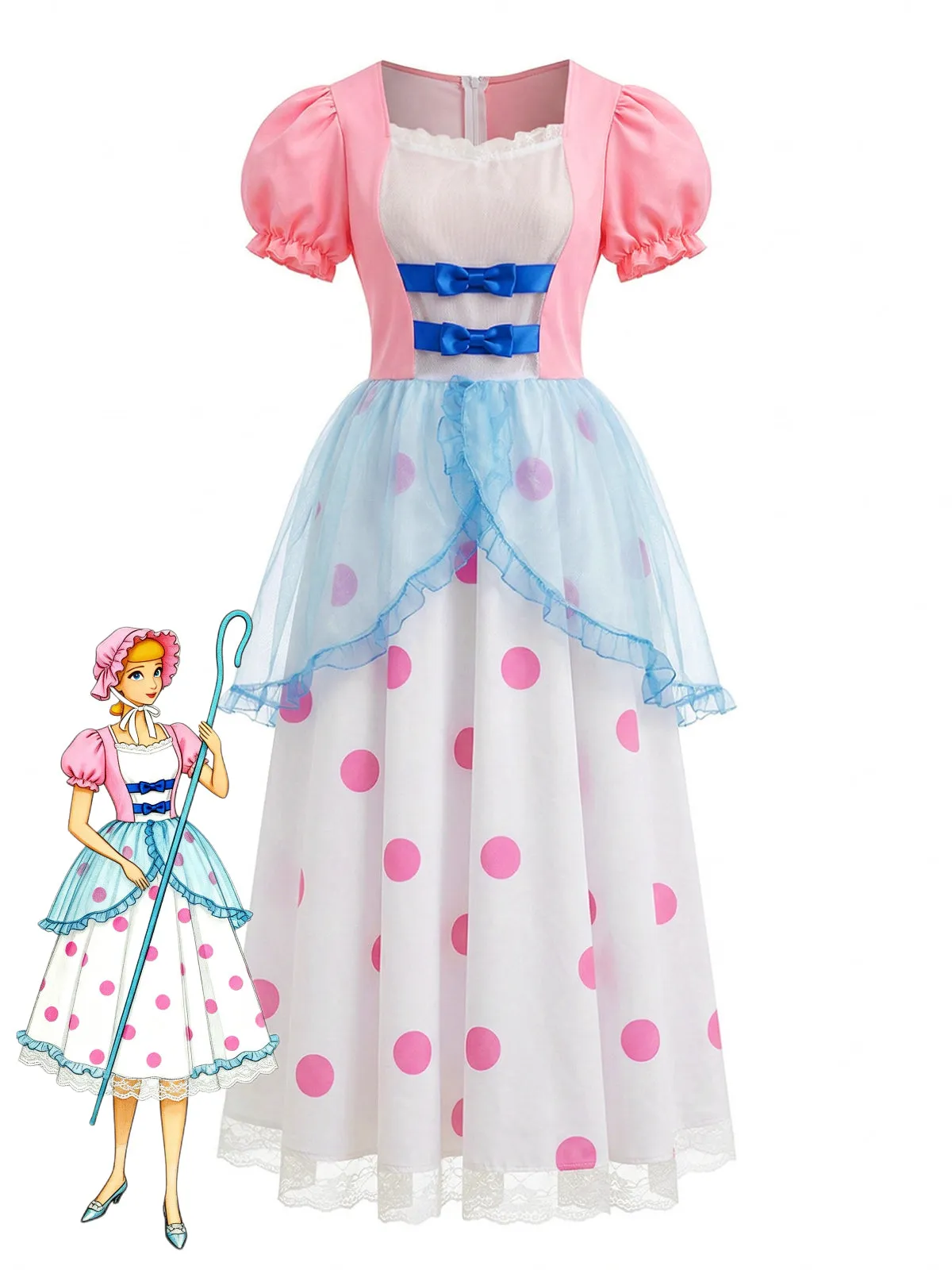 Pink 1940s Bo Peep Cosplay Puff Polka Dot Dress sold by Retro Stage