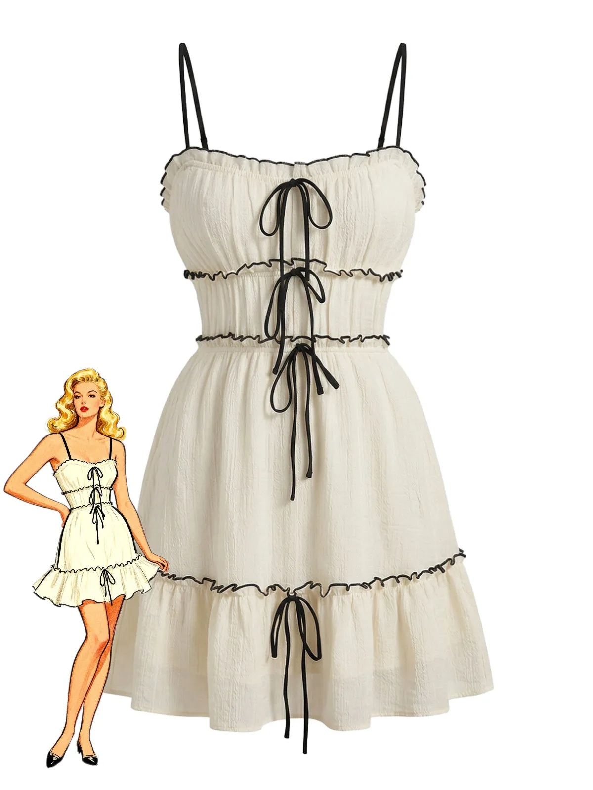 White 1960s Textured Ruffled Spaghetti Strap Mini Dress sold by Retro Stage
