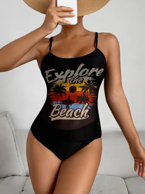 1950s Palm Tree Spaghetti Strap Mesh Tankini Set made by Retro Stage