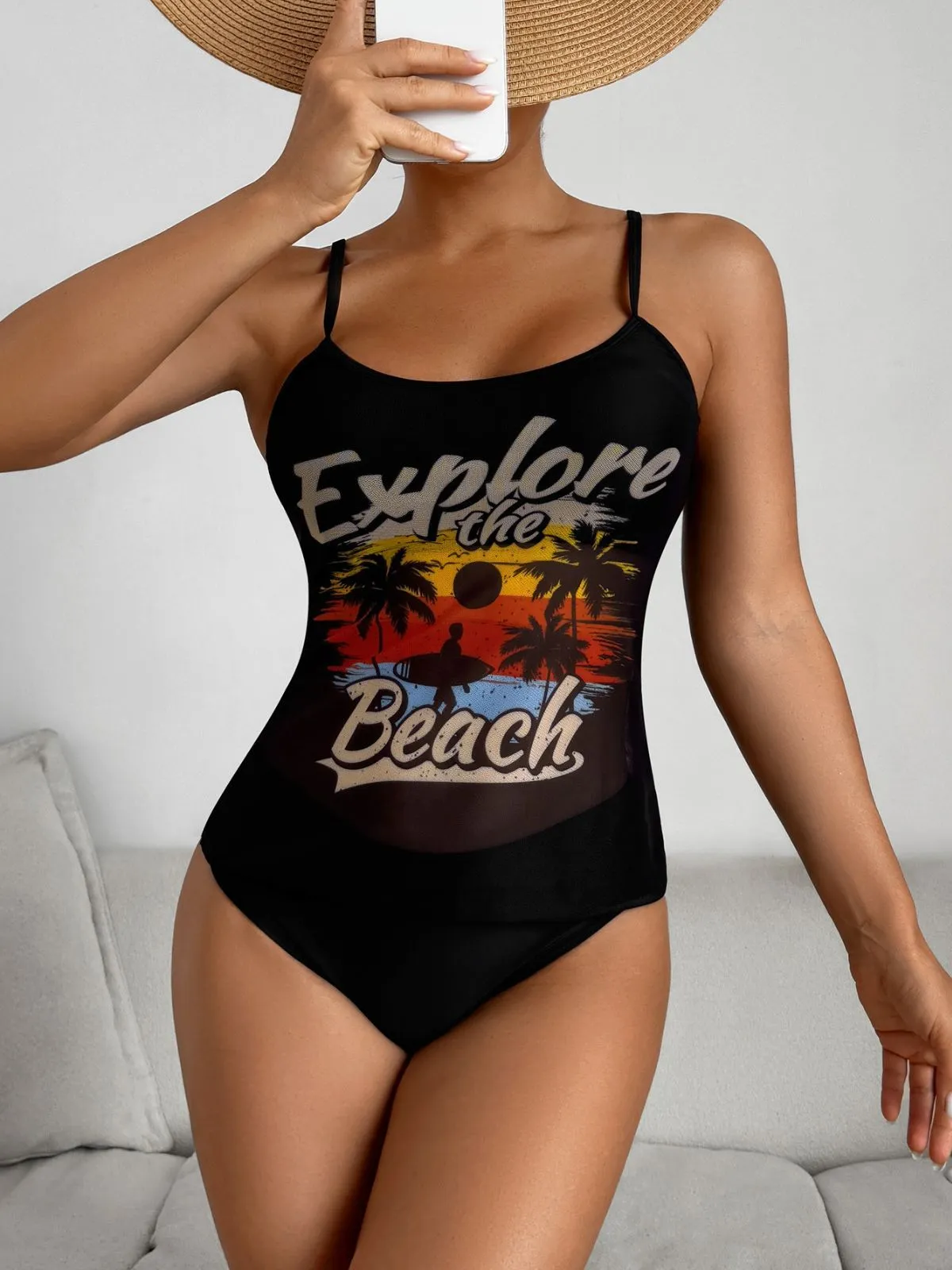 1950s Palm Tree Spaghetti Strap Mesh Tankini Set sold by Retro Stage