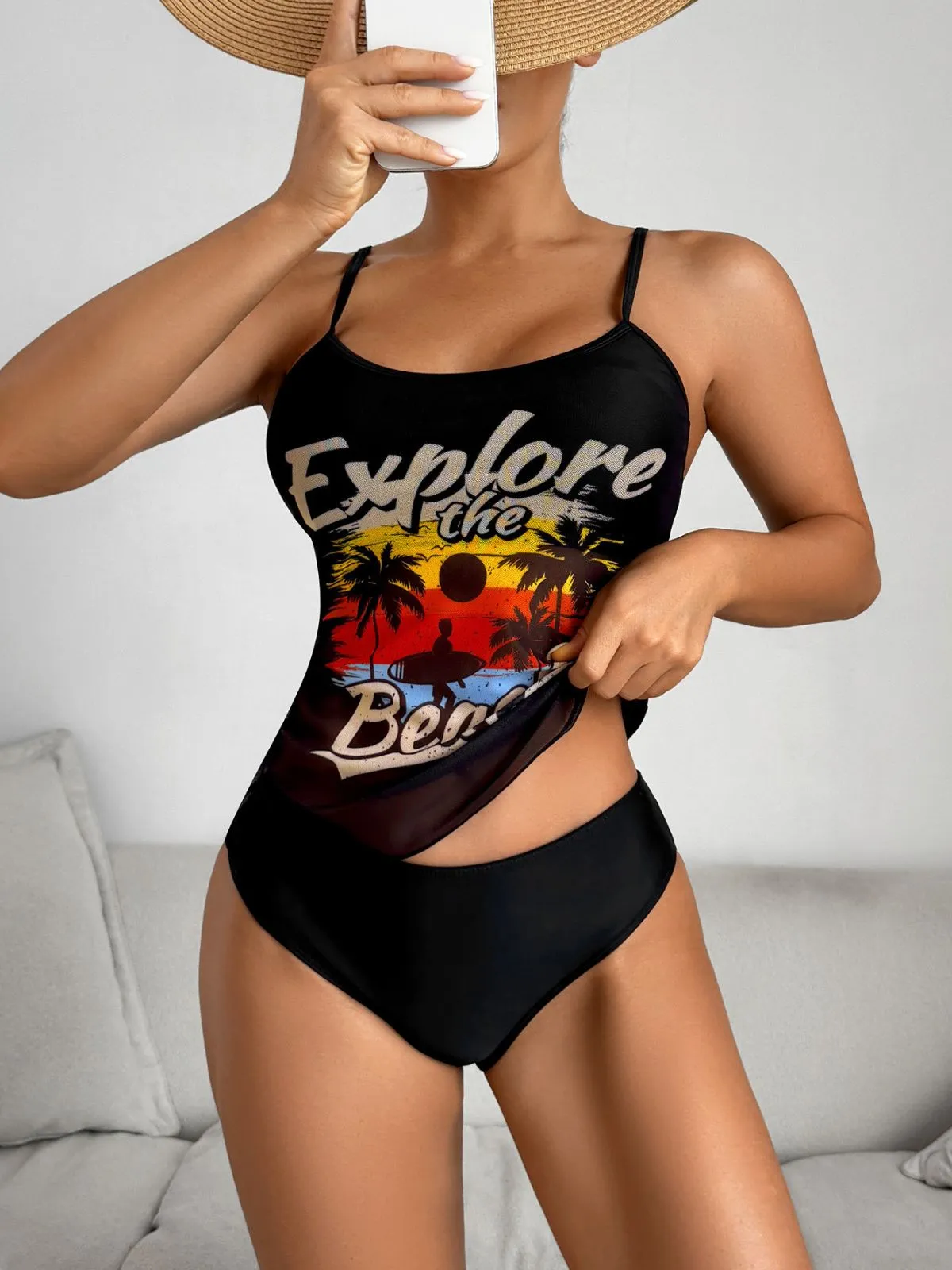 1950s Palm Tree Spaghetti Strap Mesh Tankini Set sold by Retro Stage product image thumbnail 2