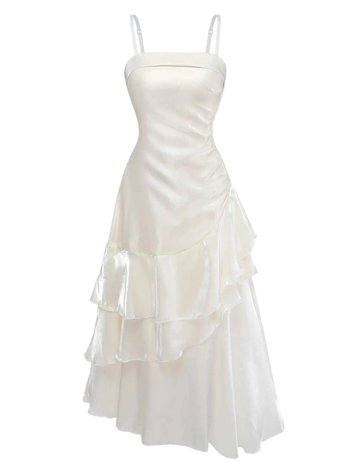 White 1940s Satin Tiered Spaghetti Strap Ruched Dress sold by Retro Stage product image thumbnail 2