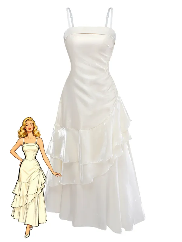 White 1940s Satin Tiered Spaghetti Strap Ruched Dress made by Retro Stage