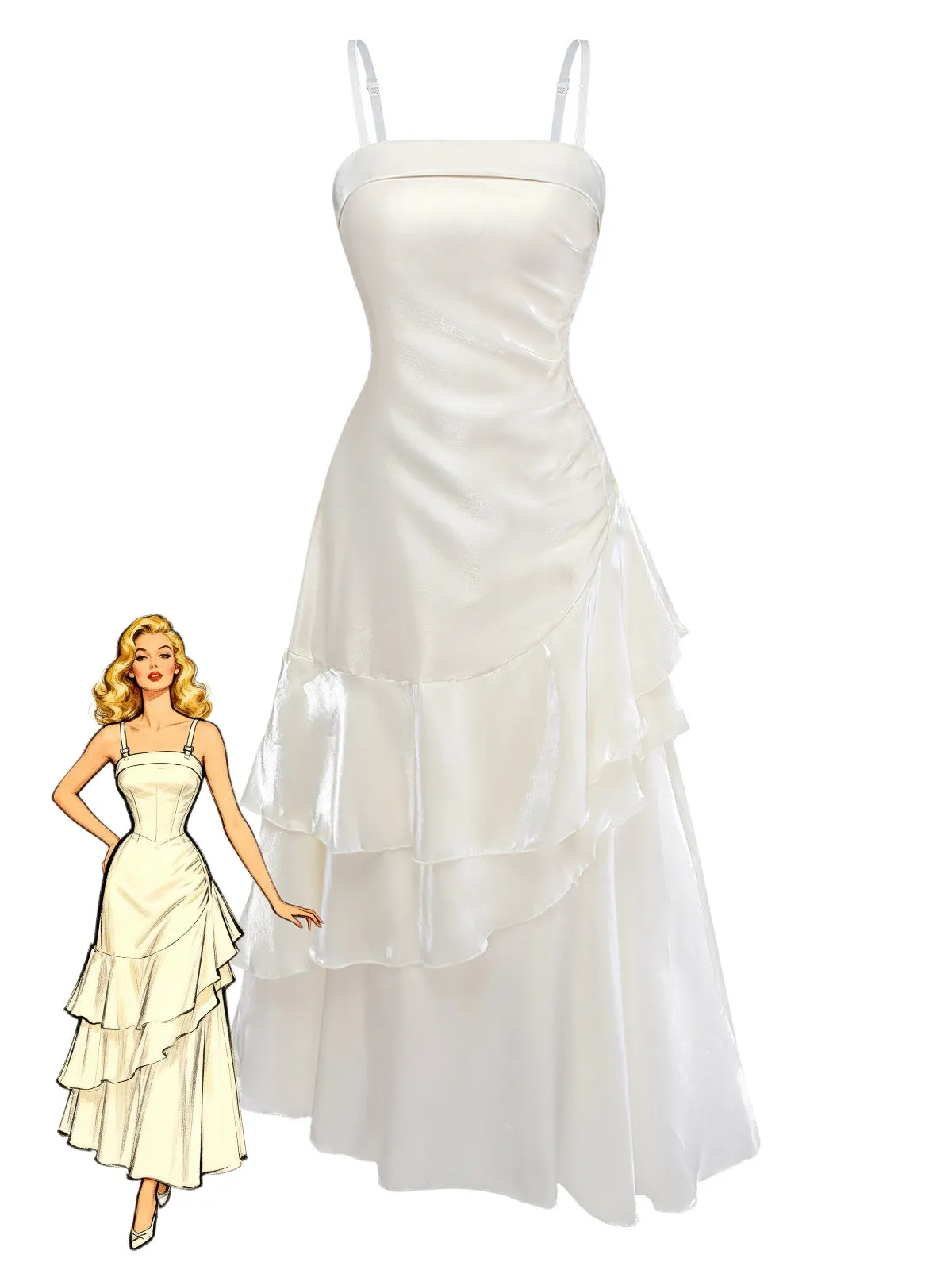 White 1940s Satin Tiered Spaghetti Strap Ruched Dress sold by Retro Stage