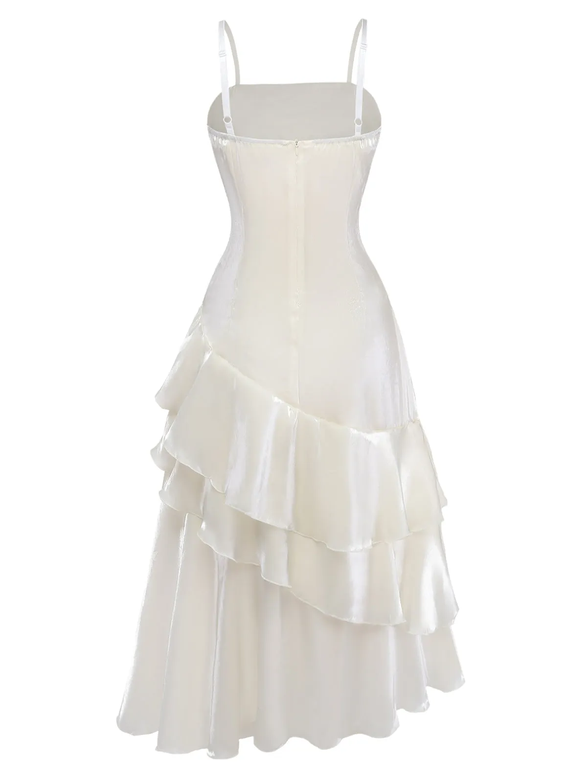 White 1940s Satin Tiered Spaghetti Strap Ruched Dress sold by Retro Stage product image thumbnail 3