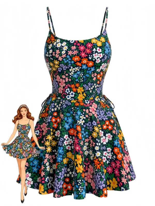 Multicolor 1940s Floral U-Neck Tankini Set made by Retro Stage