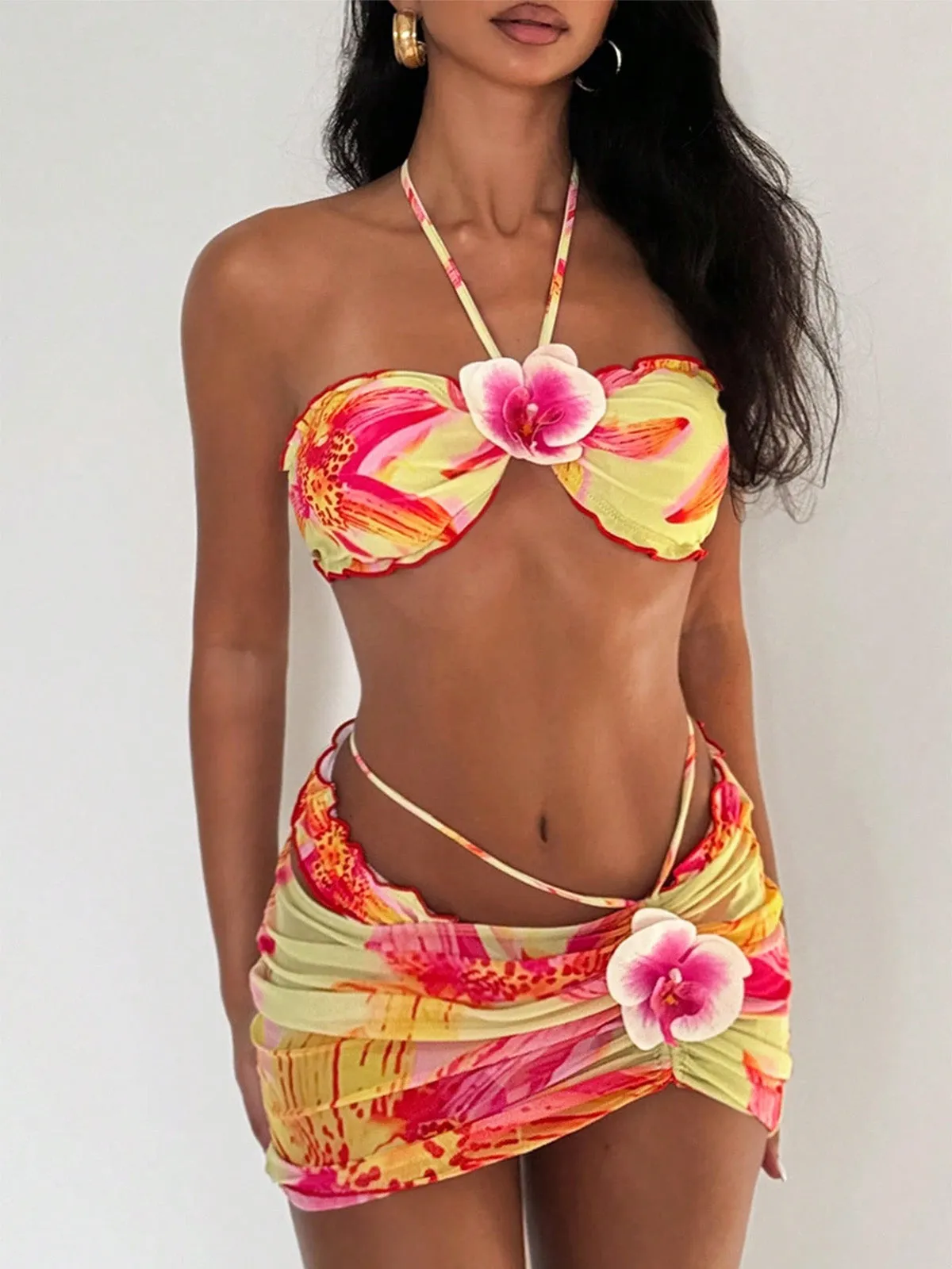 2PCS 1960s Floral Print Halter Bikini Set & Bodycon Cover-Up sold by Retro Stage product image thumbnail 2