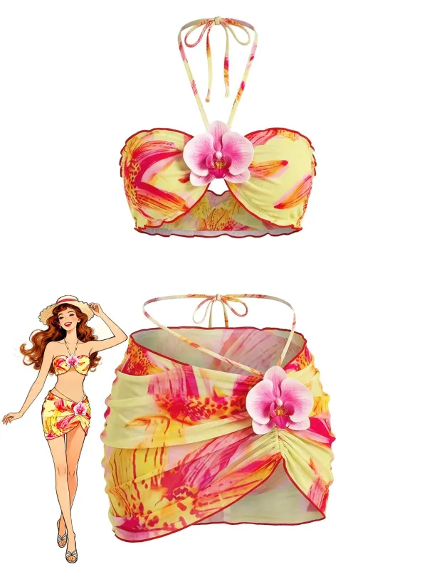 2PCS 1960s Floral Print Halter Bikini Set & Bodycon Cover-Up made by Retro Stage