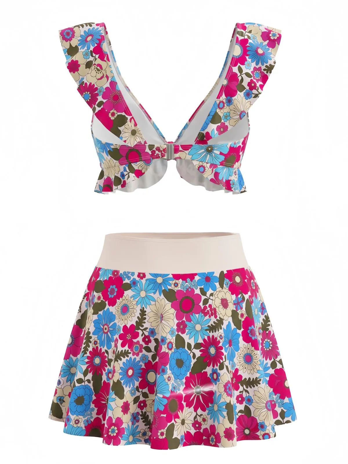 Multicolor 1940s Floral Ruffled Sweetheart Neck Tankini Set sold by Retro Stage product image thumbnail 3