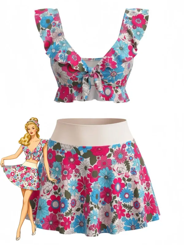 Multicolor 1940s Floral Ruffled Sweetheart Neck Tankini Set made by Retro Stage