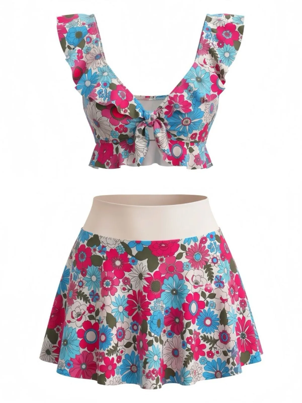 Multicolor 1940s Floral Ruffled Sweetheart Neck Tankini Set sold by Retro Stage product image thumbnail 2